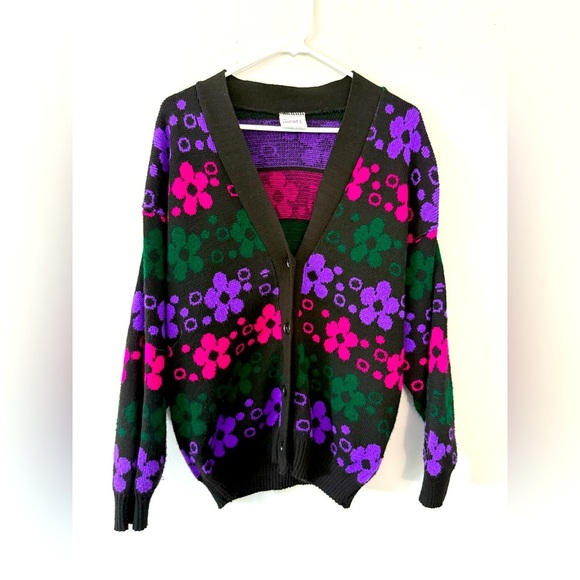 VTG SRL Michel Tex Hippie Boho Cardigan Floral Groovy Multi Color Black Size M L - Picture 1 of 7